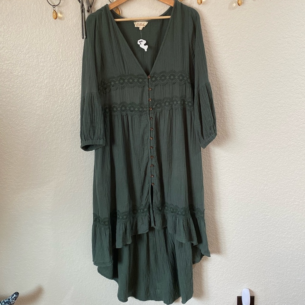 Boho Green flowy 100% cotton dress. Size Large